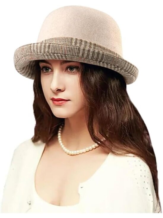 Women\'s Beige Vintage Felt Cloche inter Floral Fedora Imported Bucket Hat